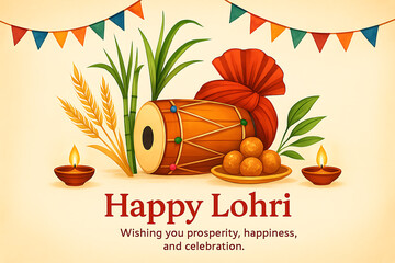 Happy Lohri Festival Celebration with Drum, Sweets, and Sugarcane