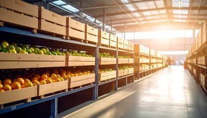 Produce warehouse interior with sunlight