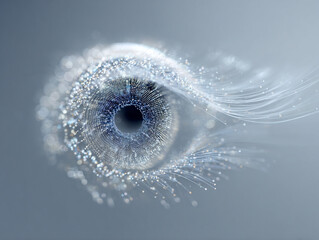 Glowing particles swirl to form a detailed human eye iris and pupil in mid-air on white background.