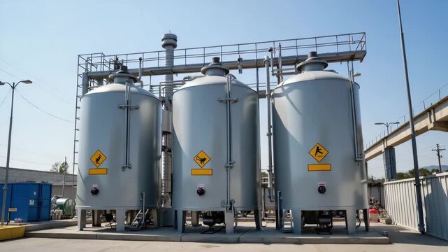 Chemical storage tanks stand tall against clear sky, showcasing modern industry. Chemical storage involves holding hazardous materials in large containers within industrial zone.