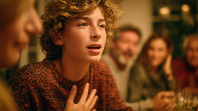 A concerned teen experiencing chest pain while talking at a family dinner