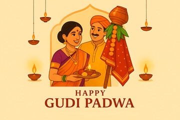 Happy Gudi Padwa Festival with Traditional Indian Couple and Gudi