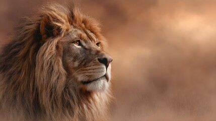 Majestic Lion with Golden Mane in Intense Stare, Against Ethereal Savannah Backdrop