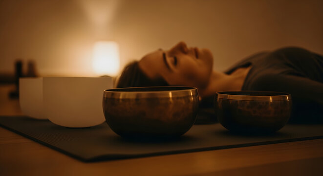 A woman relaxes on a mat with her eyes closed during a sound bath therapy session with singing bowls
