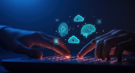 AI and Cloud Computing: Hands Typing on Keyboard with Digital Brain and Circuitry Icons