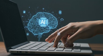 AI Brain Circuitry: Hand Interacting with Laptop and Digital Brain