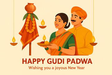 Gudi Padwa New Year Festival with Smiling Couple and Gudi Flag