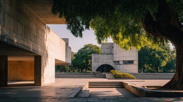 A captivating architectural view of a modern Indian building, blending seamlessly with nature's beauty.