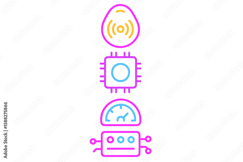 Poster innovative design of futuristic technology with circuit elements and sensors in bright neon colors