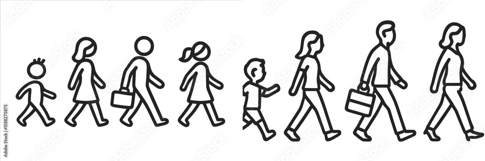 Aufkleber evolution of people walking in a line with varying ages and styles in a simplistic design