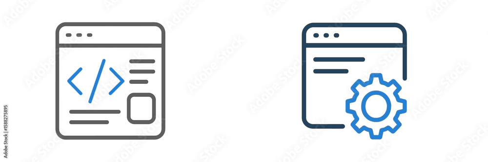 Poster graphic icons representing web development and debugging process in a digital workspace