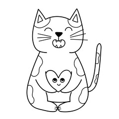Cute cat hugging a heart black and white print. Funny feline character coloring page. I love you card in outline. Vector illustration