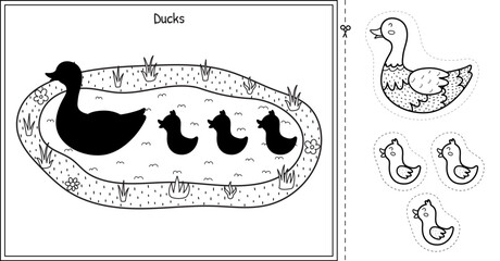 Cut and glue game with cute mother duck and her baby ducklings on the pond. Educational activity page in black and white for kids. Matching game in outline. Vector illustration