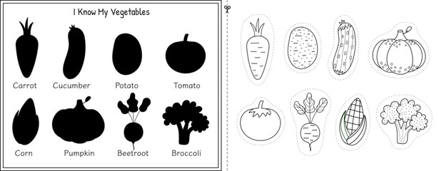 Match the vegetable black and white activity sheet for kids. Matching game in outline for school and preschool. Learning vegetables for toddlers. Cut and glue worksheet. Vector illustration