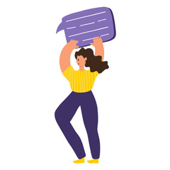 Happy woman holding up speech bubble. Social media or communication concept with a girl. Vector illustration