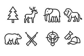 Wildlife symbols representing forest animals, hunting tools, and nature conservation activities in a simple linear design
