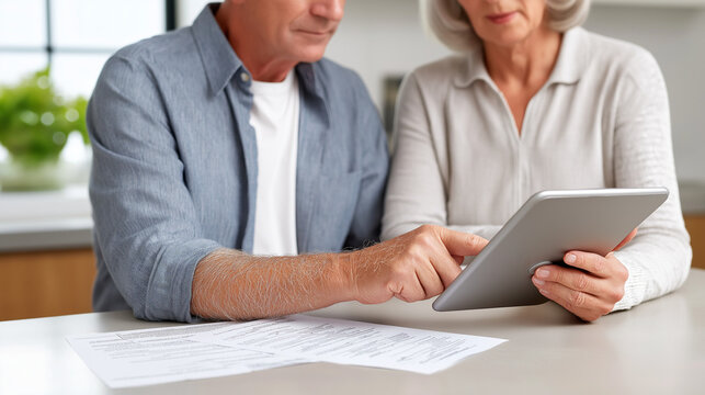 Senior couple engaged in digital communication, using a tablet together at home, surrounded by documents on a kitchen table, illustrating modern technology in everyday life - Powered by Adobe