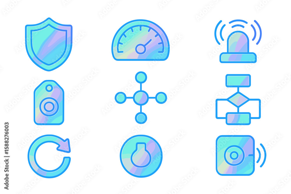 Poster collection of colorful icons depicting security, data, and alert symbols designed for modern user in