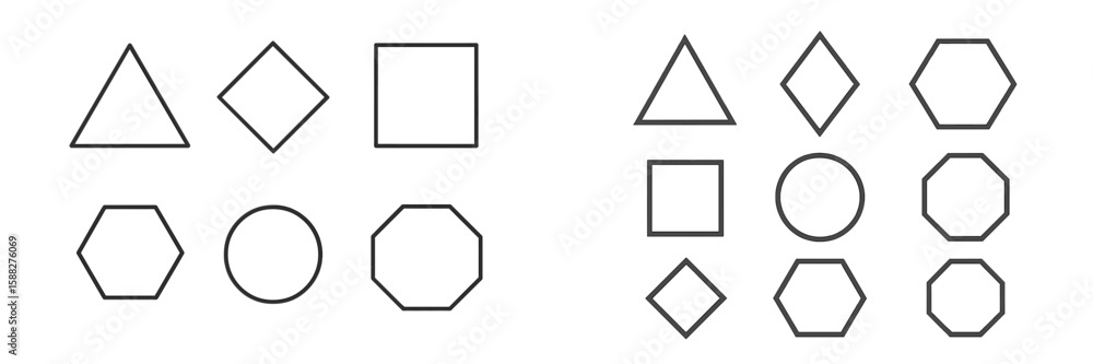 Poster various geometric shapes displayed in a grid format showcasing triangles, squares, and circles in an