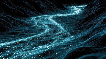 Abstract river flows through dark, textured landscape
