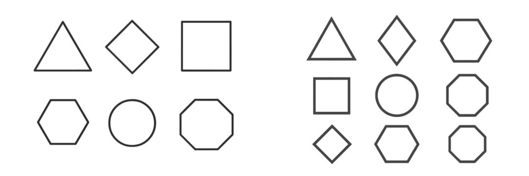 Various geometric shapes displayed in a grid format showcasing triangles, squares, and circles in an organized arrangement