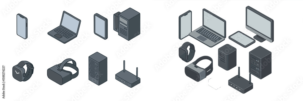 Poster various electronic devices arranged in a flat lay format on a simple background showcasing modern te