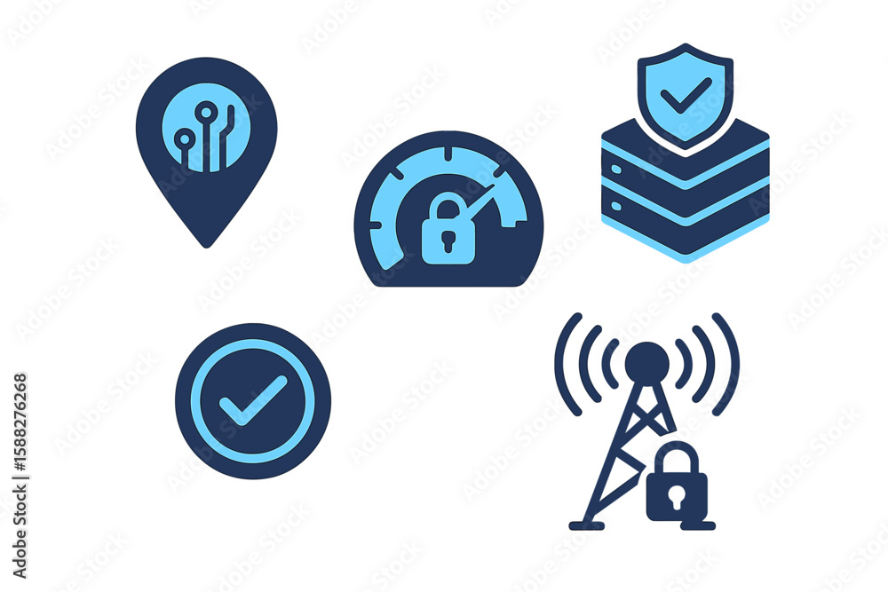 Poster various icons representing cybersecurity concepts, including data protection, network security, and 