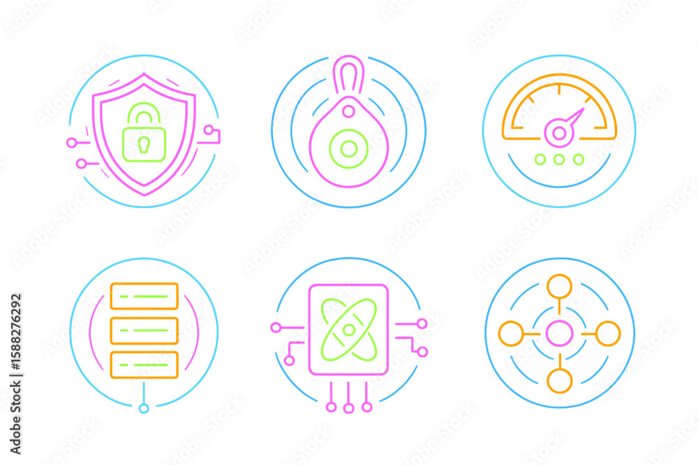 Poster digital icons representing cybersecurity, data protection, and network management in colorful design