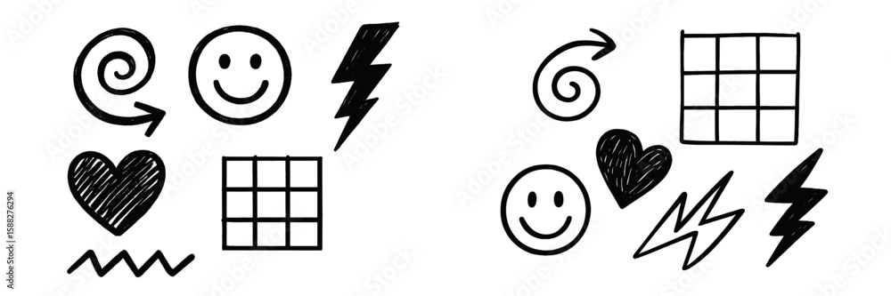 Poster sketches of abstract symbols and emoticons illustrating various emotions and concepts in simple blac