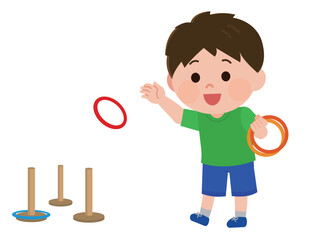 輪投げをして遊ぶ男の子　イラスト