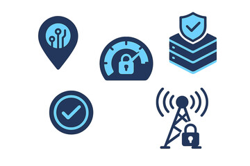 Various icons representing cybersecurity concepts, including data protection, network security, and verification methods in a digital environment