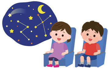 プラネタリウムを鑑賞する男の子と女の子　イラスト