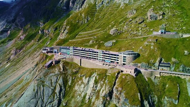 Steep mountain facility clings to cliffs nears Gletscherbahn car park, Austria