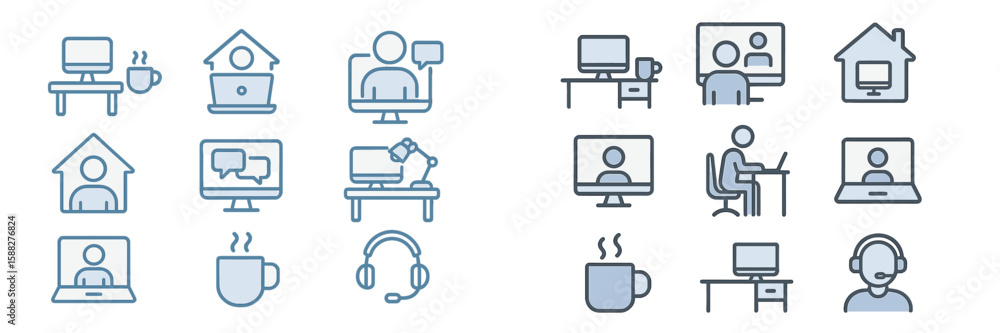 Poster digital workspace elements illustrating remote work scenarios and online communication tools
