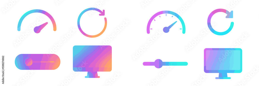 Poster colorful gradient icons representing speed, refresh, and display adjustments in a modern digital int