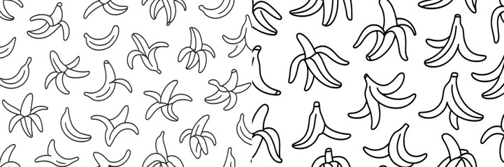 Pattern of bananas illustrated in a playful design showing variations of bananas on white and black backgrounds
