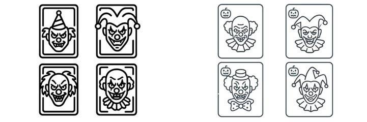 Creepy clown illustrations in a playful design for Halloween events and decorations
