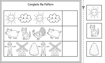 Complete the pattern black and white activity page for kids. Cut and glue the missing elements. Put the farm characters in the right order educational game in outline. Vector illustration