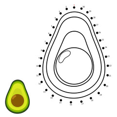 Dot to dot game for kids. Connect the dots and draw an avocado. Healthy food puzzle activity page. Vector illustration