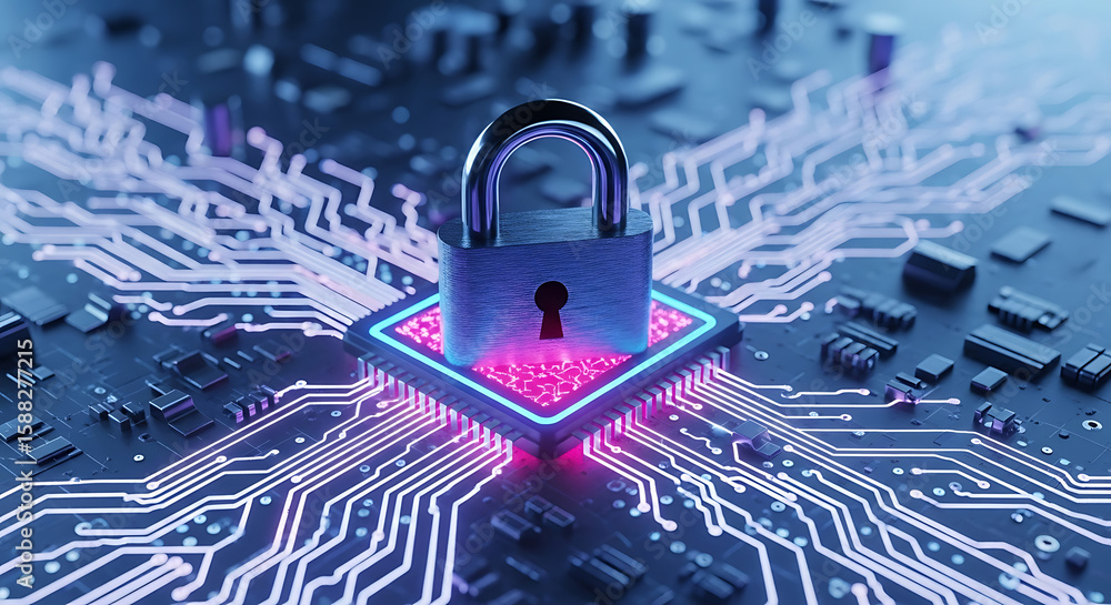 Poster a padlock on a cpu with glowing pink and blue lights and circuit board in the background - ai genera