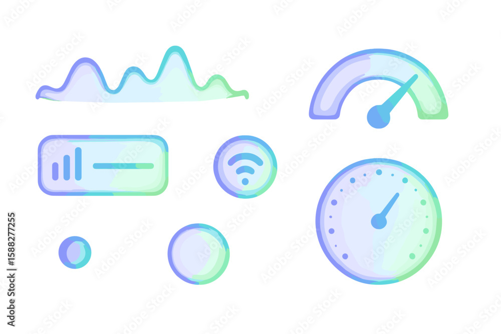 Poster abstract digital interface elements featuring graphs, gauges, and wireless indicators in a colorful 