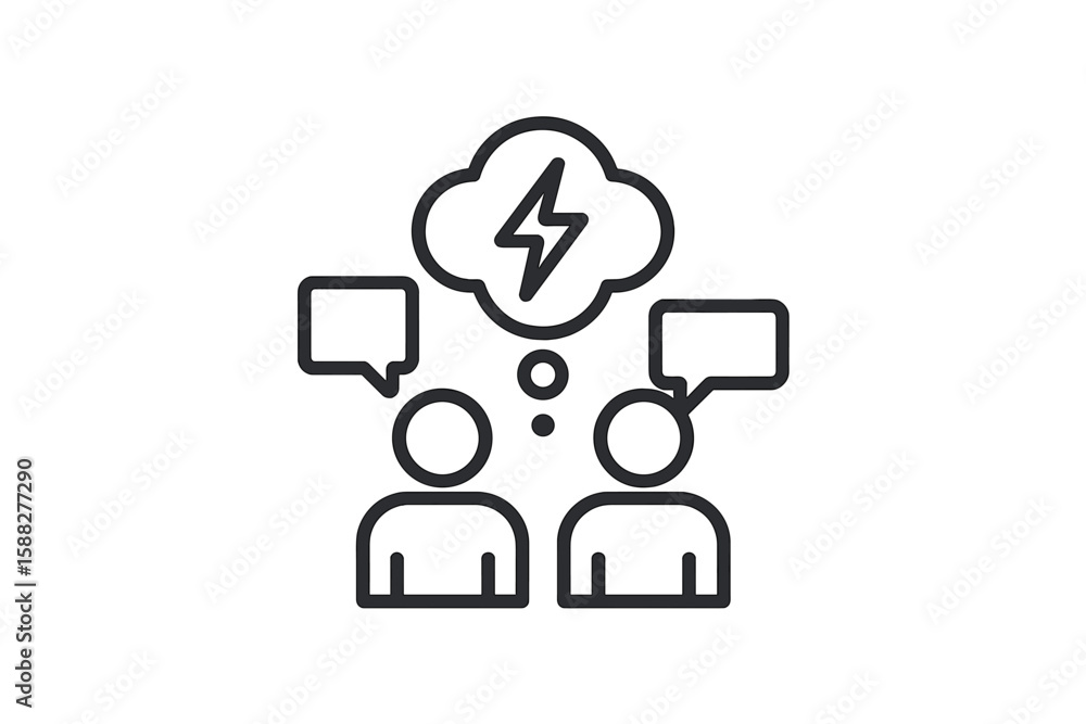Poster discussion between two individuals with ideas represented through thought bubbles and lightning in a