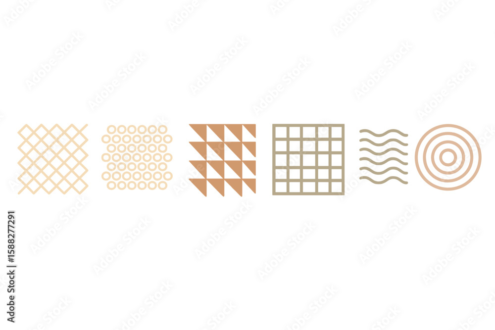 Poster patterns displayed in various designs showcasing geometric shapes and textures in warm colors