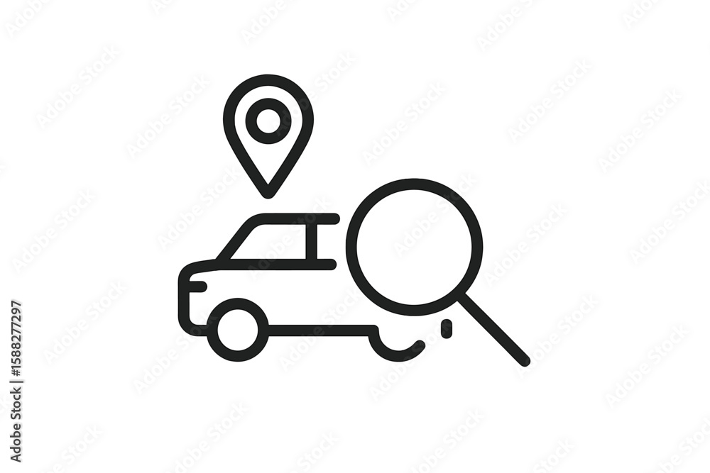 Poster car with location marker and magnifying glass illustrating vehicle tracking and search functionality