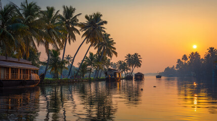 Kerala backwaters at sunrise, showcasing houseboats and palm trees on the water.