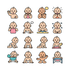 Fifteen Colorful Cartoon Illustrations of Babies Displaying Various Expressions and Actions Including Sitting Crawling Playing and Crying