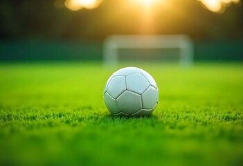 Fototapeta premium Generative AI Lone Soccer Ball on Lush Green Field at Golden Hour Sunset