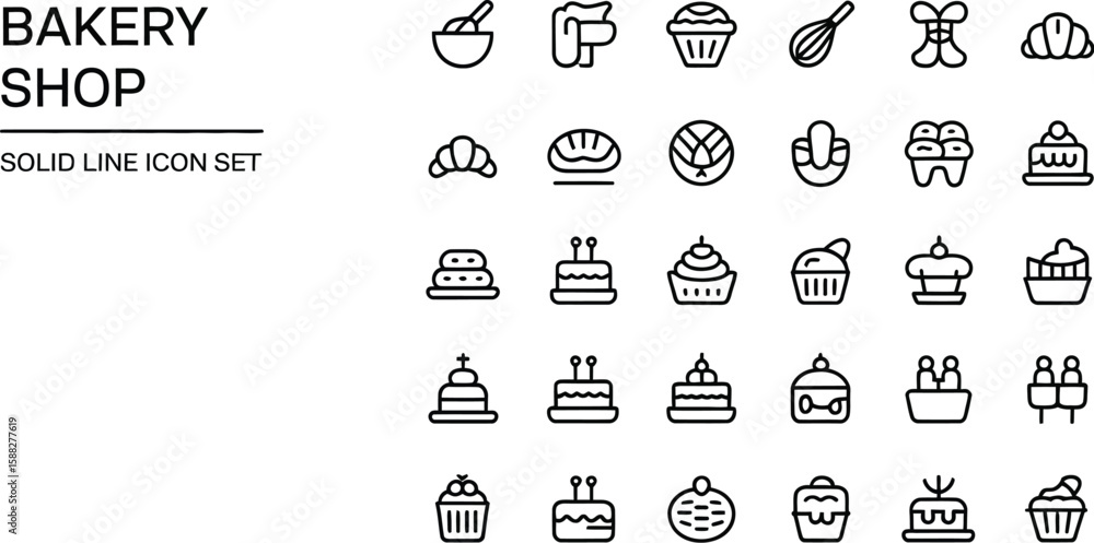 Poster a collection of bakery shop solid line icons displayed on a white background grid