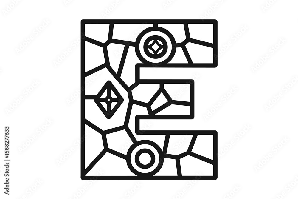 Poster creative mosaic design featuring the letter e with geometric patterns and shapes in a monochrome sty