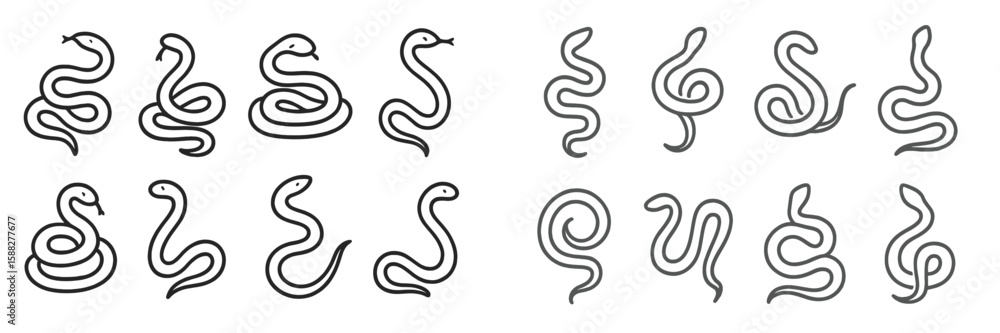 Poster collection of diverse snake illustrations showcasing different patterns and shapes against a simple 